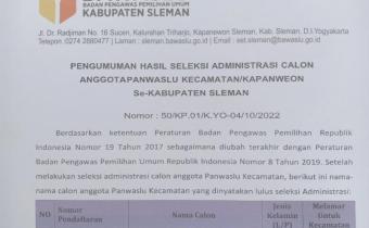 Bawaslu Sleman Umumkan Nama Calon Panwaslu Kecamatan Lolos Administrasi